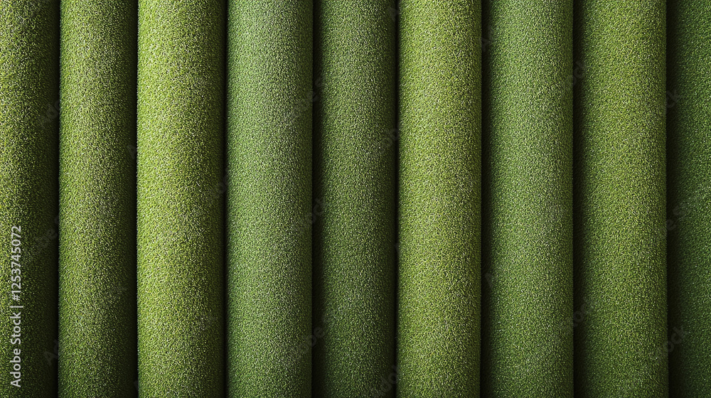 Poster a textured fabric in varying shades of green is displayed in a column-like pattern, giving depth and