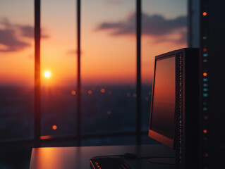 Futuristic Data Center with Server and Computer at Sunset

