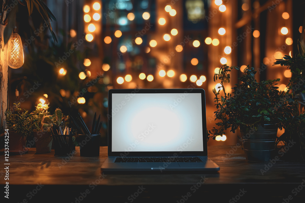 Poster laptop computer placed on a wooden table in a modern workspace with natural light streaming in