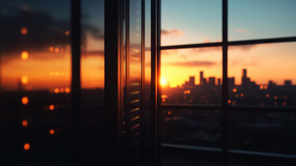 Data Center with City Skyline at Sunset