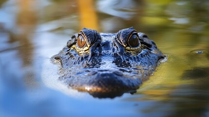 Obraz premium A large alligator floats calmly on the surface of the water, showcasing its powerful physique and natural habitat in a serene environment.