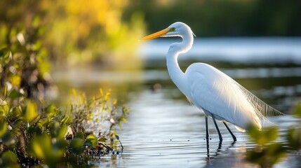 Obraz premium A solitary white bird wades through the water, showcasing its long beak as it searches for food in a serene environment.