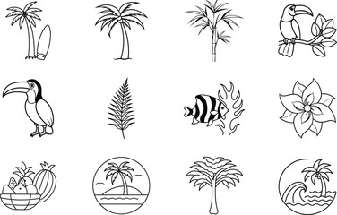 Tropical Summer Line Art Icons Palm Trees, Toucans, Surfboards, Flowers