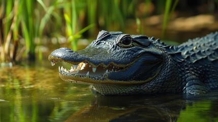 Fototapeta premium A crocodile displaying its formidable teeth while submerged in water, showcasing its predatory nature and impressive size.