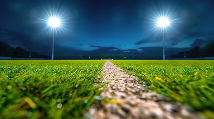 A vibrant nighttime view of a sports field illuminated by bright floodlights, showcasing freshly cut grass and a pristine line. ground level shot