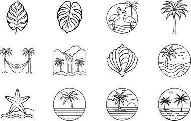 Tropical Summer Vacation Line Art Icons Palms, Flamingo, Beach