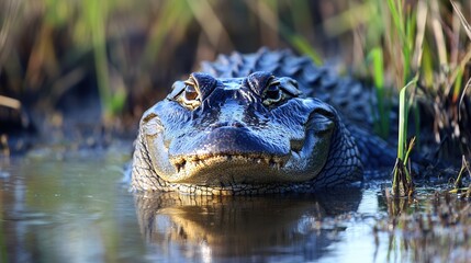 Fototapeta premium A large alligator is seen floating calmly in the water, showcasing its powerful physique and natural habitat in a serene environment.
