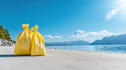 Beach cleanup Yellow bags filled with trash by the water Volunteer work combating pollution Scenic background with mountains and blue sky