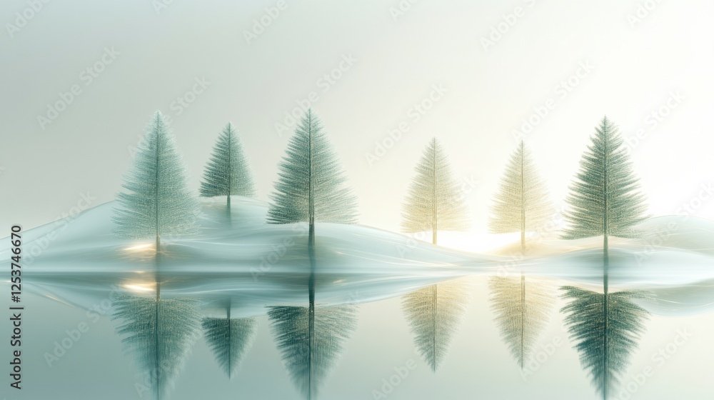 Aufkleber glowing reflections in a glass forest with abstract tree shapes during a serene twilight moment. gen