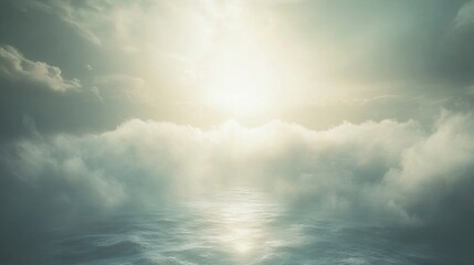 Ethereal Light Breaking Through Clouds Over Calm Ocean Waters at Sunrise