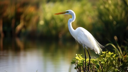 A solitary white bird perches on a rock beside a tranquil body of water, showcasing nature's beauty and serenity in a picturesque setting.