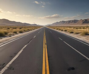 Wide shot of a long asphalt road stretching into the distance, , vastness, asphalt pavement