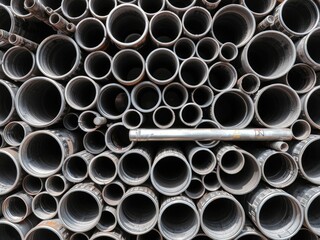 Wide shot of a stack of metal pipes with different orientations and angles, metal pipe arWide shot oCloud-filled sky above a volcanic island, warehouse ambiance