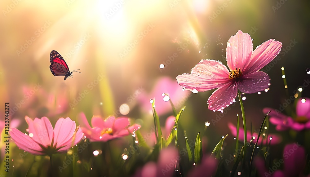 Poster beautiful vibrant pink flowers in soft sunlight with a butterfly softly landing on a blossom, creati