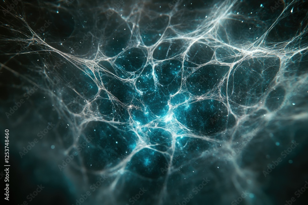 Wall mural intricate web-like structure glows teal, resembling a cosmic network or neural pathways.