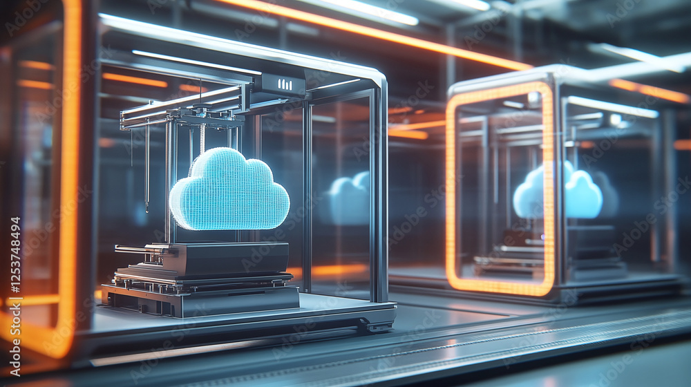 Poster 3d printing cloud technology, with a cloud shape object on a 3d printer. a futuristic concept showin