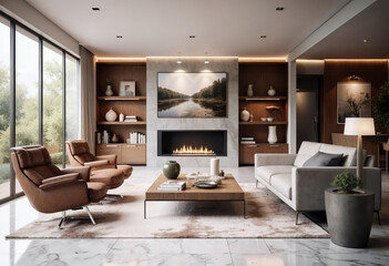 Modern Cozy Living Room with Fireplace and Elegant Furniture