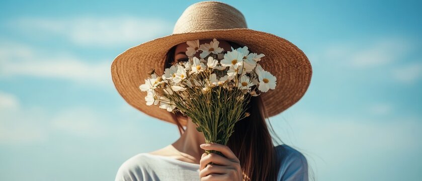 A woman in a straw hat is gracefully holding a vibrant bunch of flowers, embodying a sense of beauty and nature.