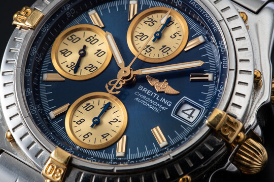 Dial detail, Breitling Chronomat, reference B13050.1. Automatic chronograph, steel and gold case. Milan. Italy September 20, 2024
