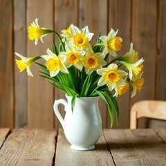 Daffodils in a white ceramic vase on a rustic table, wood accents, daffodil white vase, country flowers © Sourithideth