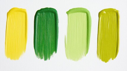 Palette of Bright Yellow and Green Paints on White Background Demonstrating Color Gradation