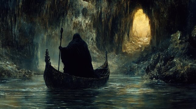 Death rowing in a boat on the river styx in the underworld