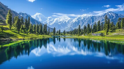 A tranquil lake with crystal-clear water reflects the majestic snow-capped mountain range and lush pine forest under a bright blue sky.