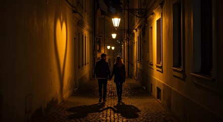 Fototapeta premium Romantic evening stroll in a cobblestone alley with vintage lanterns forming heart shadows1