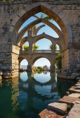 A picturesque stone bridge with pointed arches spanning a wide Portuguese lagoon, reflections, architecture