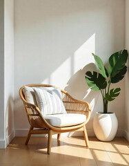 "Modern Minimalist Interior with Natural Decor and Sunlight"

