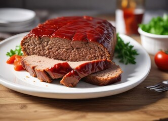 A perfectly sliced meatloaf resting on a pristine white plate , meatloaf, glaze, dinner