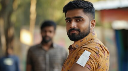 Naklejka premium Happy healthy young Indian man showing bandage plaster on arm shoulder after getting vaccination standing on background. Vaccine and people inoculation in India, immunity for covid prevention.
