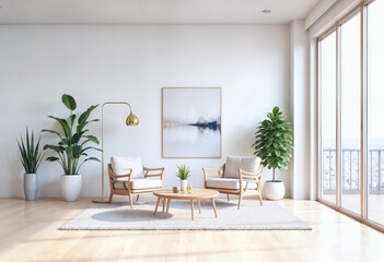 Fototapeta premium Modern Minimalist Living Room with Natural Light and Indoor Plants