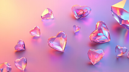Shiny crystal hearts with iridescent reflections on a pastel gradient background, romantic and luxurious abstract concept