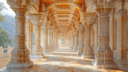 Fototapeta premium A serene corridor of intricately carved pillars in an ornate architectural setting.