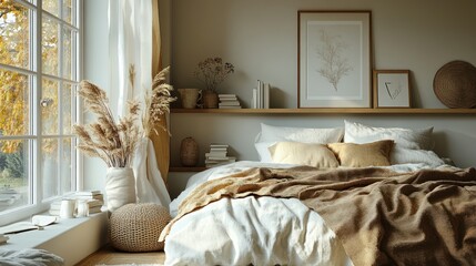 Cozy Autumn Bedroom Interior Design: Warm Neutral Tones, Natural Textures, and Sunlight Streaming Through a Window