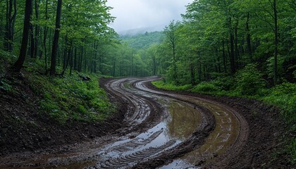 Muddy forest road winding through lush green trees on a misty, overcast day