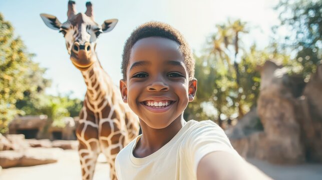 A joyful young boy smiles widely while taking a selfie with a giraffe at the zoo