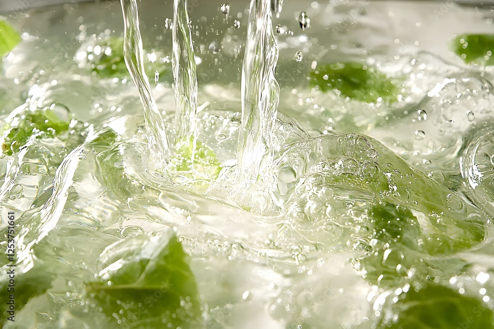 Poster water splashing on green leaves: a close-up view of crystal-clear water splashing over vibrant green