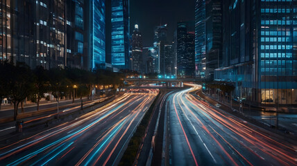 Fototapeta premium a long exposure shot of a city street at night. The street is lit up by the headlights of cars, creating streaks of light. The city skyline is visible in the background