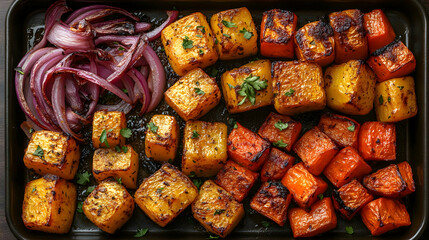 Roasted Butternut Squash and Red Onion on Dark Tray