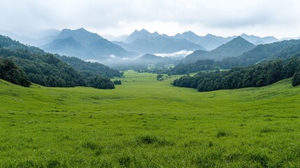 Fototapeta premium Lush green valley, misty mountains, tranquil landscape, nature photography, travel