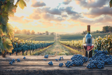 Bottle of wine and fresh grapes placed on a rustic wooden table for a cozy dining setting