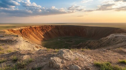Obraz premium A vast desert landscape features a prominent crater, showcasing the rugged terrain and unique geological formations in the arid environment.