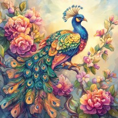 Obraz premium Vibrant Peacock Perched Among Blooming Flowers in a Lush Nature Scene with Colorful Feathers
