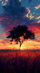 Obraz premium Tranquil Tree Silhouette at Sunset: A Breathtaking Landscape of Colorful Clouds, Golden Sunlight, and Vibrant Sky Over Serene Fields and Peaceful Rural Scenery, Capturing Nature's Beauty and Aesthetic