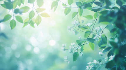 Dreamy Nature Background with Green Leaves and White Flowers in Soft Sunlight