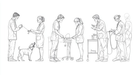 Obraz premium Linear vector isolated illustration bundle set of people working professionals. Service workers, doctors and veterinarians. Doctor makes injection, dog grooming, medical training, hairdresser stylist