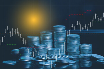 Double exposure of money coin, stock market or forex trading graph and candlestick chart suitable for financial investment concept. 