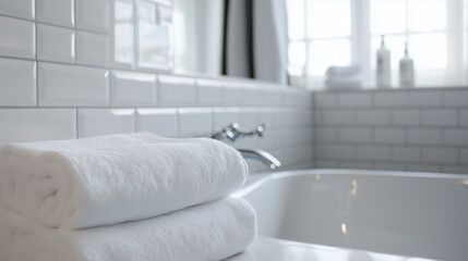 Crisp white tile closeup in a modern hotel bathroom, highlighting clean lines and smooth surfaces that create a fresh, hygienic aesthetic.